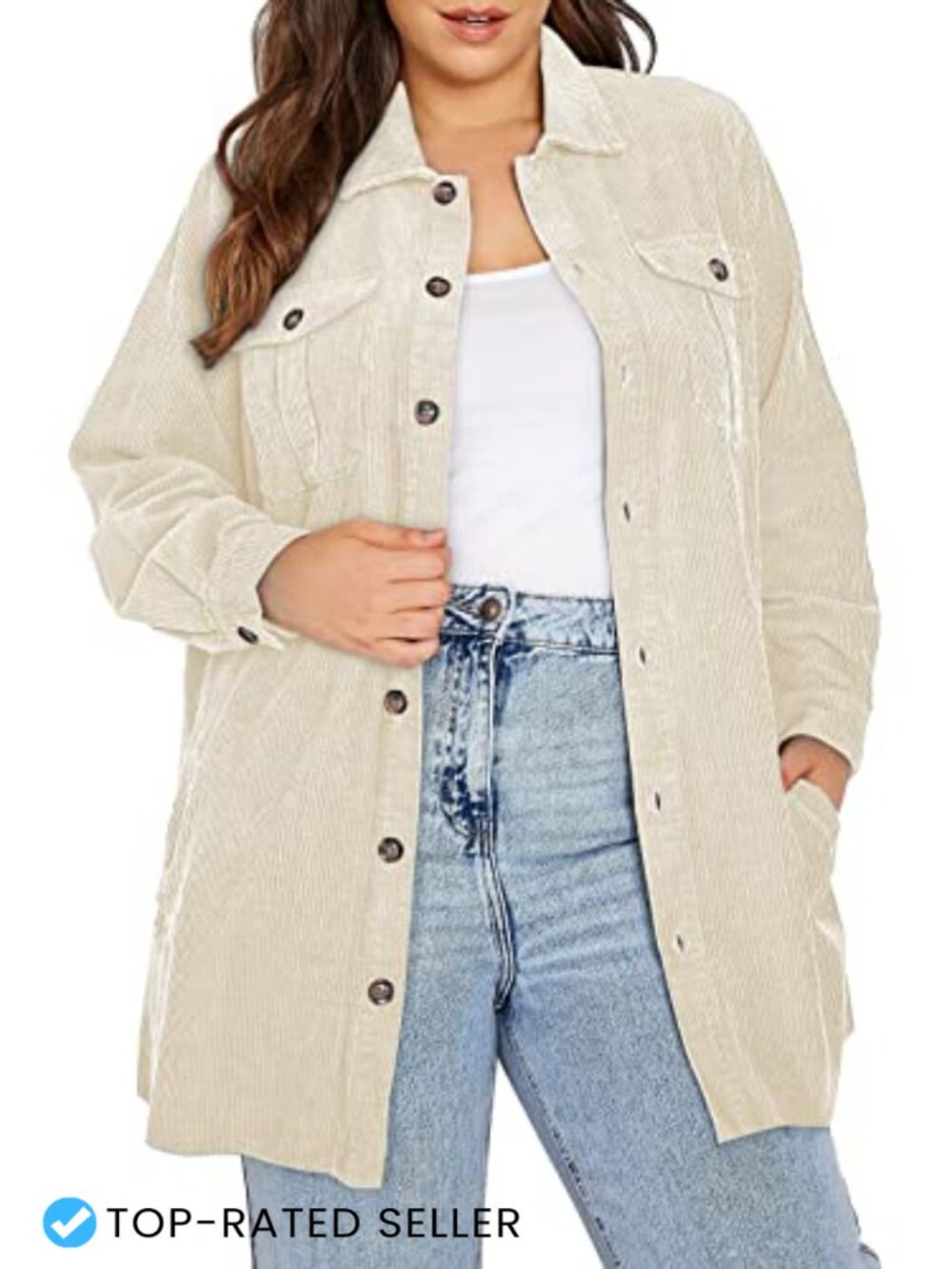 Plus Size Corduroy Shacket Jacket Long Sleeve Button Up